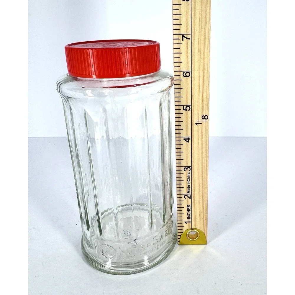 NutraSweet Clear Glass Storage Jar Canister Red Screw Lid‎ Ribbed Sides Vintage